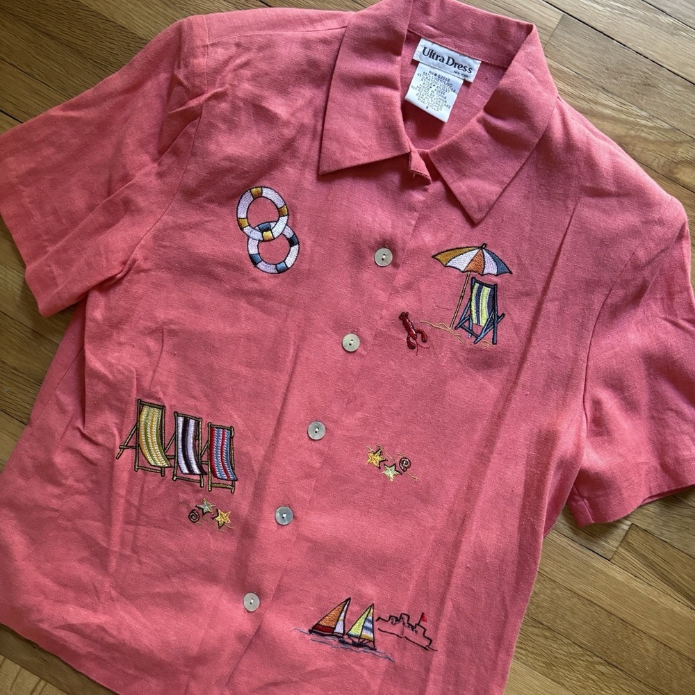 VTG 90s Pink Beach Grannycore Embroidered  Button Up Blouse Linen 8‎ Boats